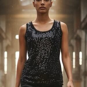 White House Black Market
Black swirl pattern sequin tank top/blouse size med